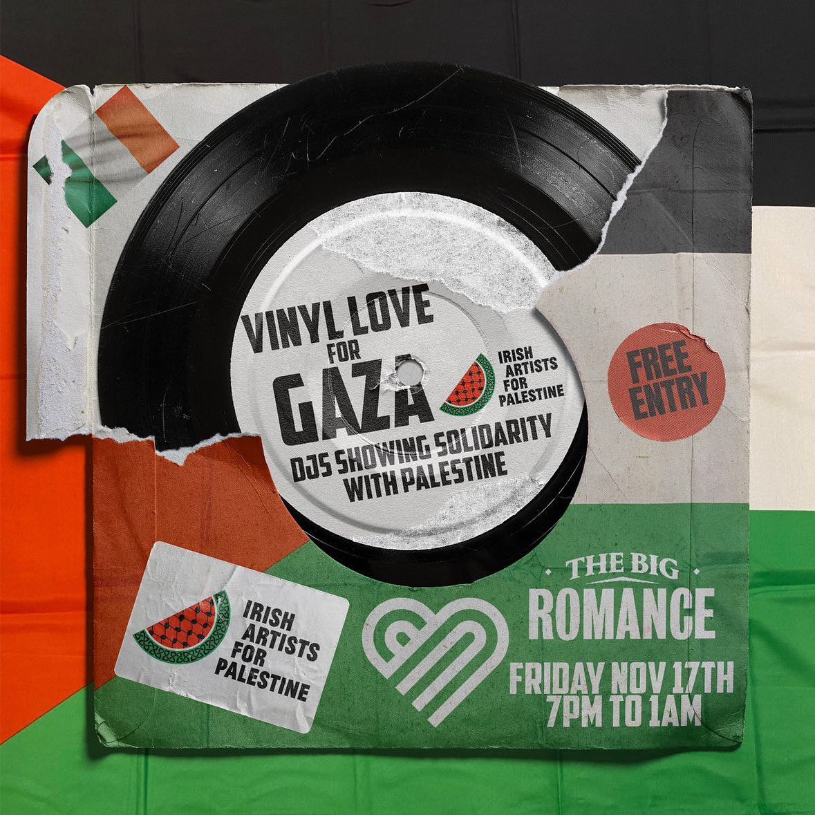 BazHickey's tweet photo. I join an all star line up of DJs for the Dublin leg tonight at The Big Romance. Reppin' the 45 Live crew! #irishartistsforpalestine https://t.co/KBrsZ7XlgM