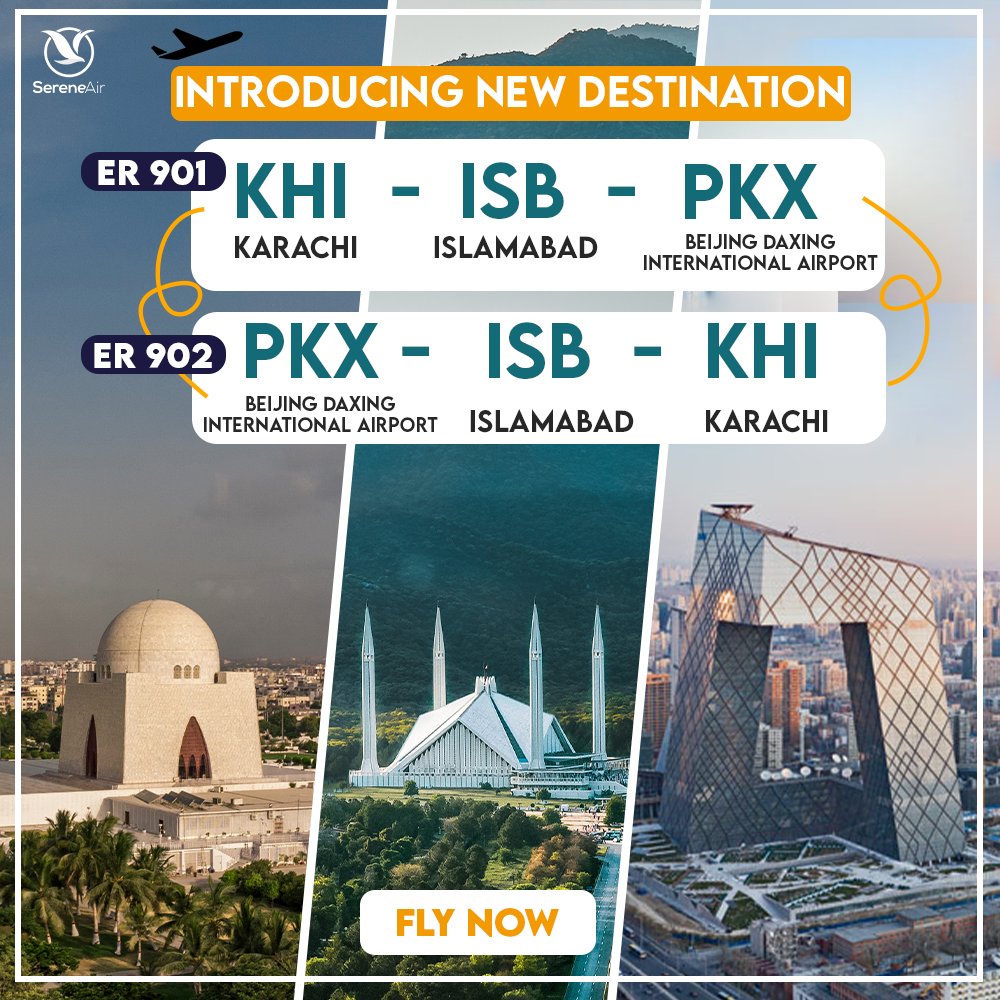 Fly with #SereneAir from #Karachi to #Beijing Daxing International Airport via #Islamabad (KHI-ISB-PKX) from 18th November 2023. Avail the most affordable fares and maximum baggage allowance. An offer you surely don't want to miss, book now #ExperienceSerenity