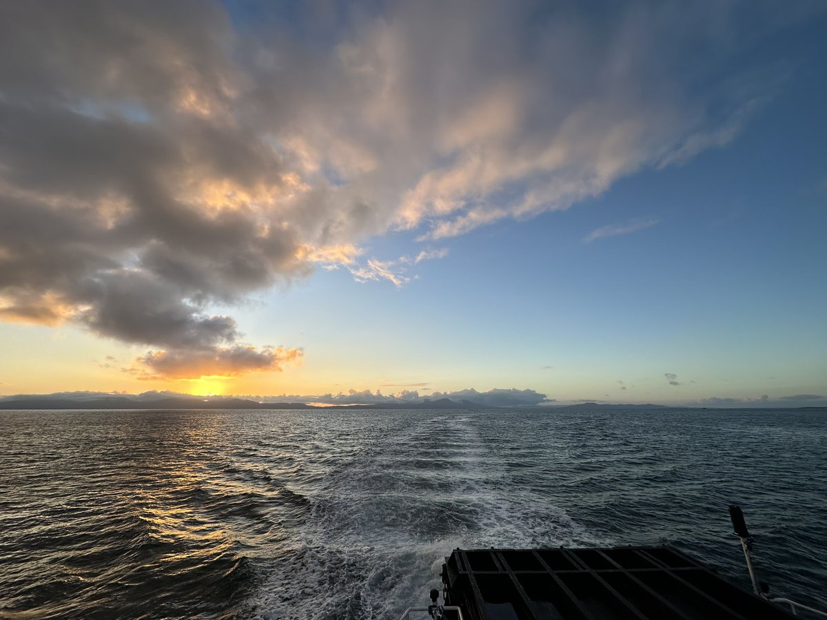mjgardner73's tweet photo. Stunning sunrise over #Jura and #Islay as we were passing #Colonsay. #floatingoffice 
@BBCScotWeather @WindyWilson88 @ThePhotoHour https://t.co/bGNkEcNYKz