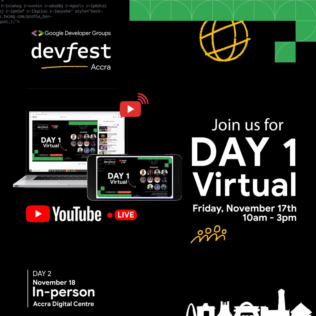 We start DevFest Accra tomorrow on Youtube and grand it up on Saturday at the Accra Digital Centre. Let's meet and talk about tech in Ghana. Cheers!

#DevFestAccra
#GDGAccra