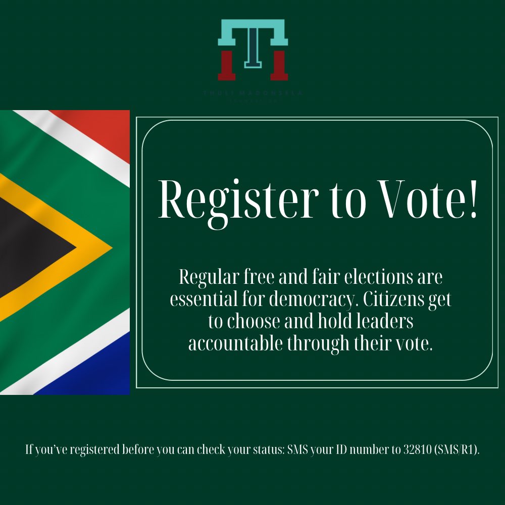 ThumaFoundation's tweet photo. #VoterRegistrationWeekend is here! Your active participation is what sustains democracy, it is what makes the government "of, by and for the people". Make sure you’re registered to vote in the #SAelections24.
#ThePeoplesCharter #iPledgeToVote #DemocracyLiteracy https://t.co/urz4tJ2Myy