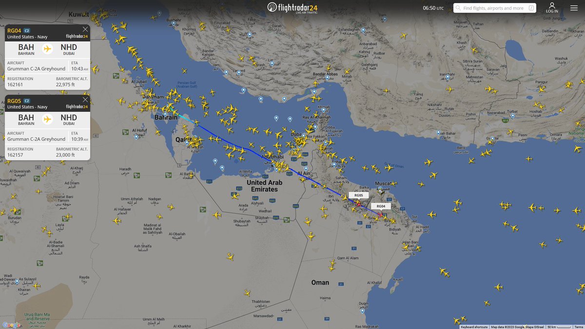 AIYeyENGDdJkjTr's tweet photo. Nov. 17, 2023
#Bahrain #Arabian Sea

#USS Dwight D. Eisenhower (CVN- 69) 

#RG04 #AE0467 USN C-2A Greyhound 
#RG05 #AE0451 USN C-2A Greyhound 

They went all the way to the mouth of Hormuz and then retreated further into the Arabian Sea than the Gulf of Oman. https://t.co/hIIigB31B8