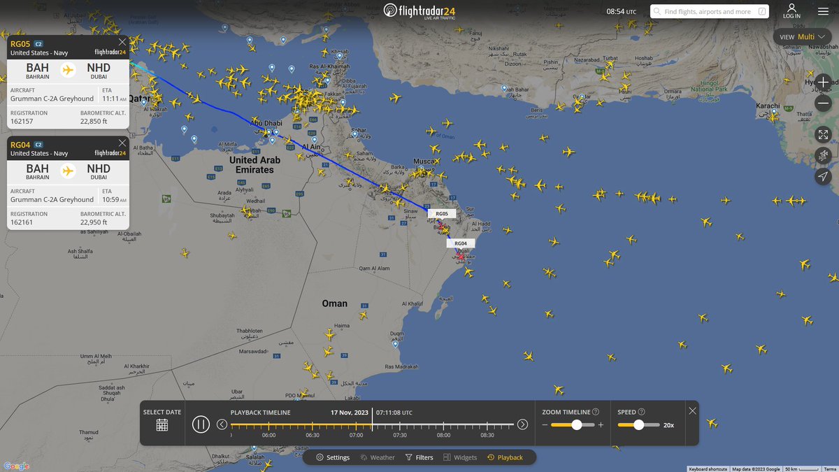 AIYeyENGDdJkjTr's tweet photo. Nov. 17, 2023
#Bahrain #Arabian Sea

#USS Dwight D. Eisenhower (CVN- 69) 

#RG04 #AE0467 USN C-2A Greyhound 
#RG05 #AE0451 USN C-2A Greyhound 

They went all the way to the mouth of Hormuz and then retreated further into the Arabian Sea than the Gulf of Oman. https://t.co/hIIigB31B8