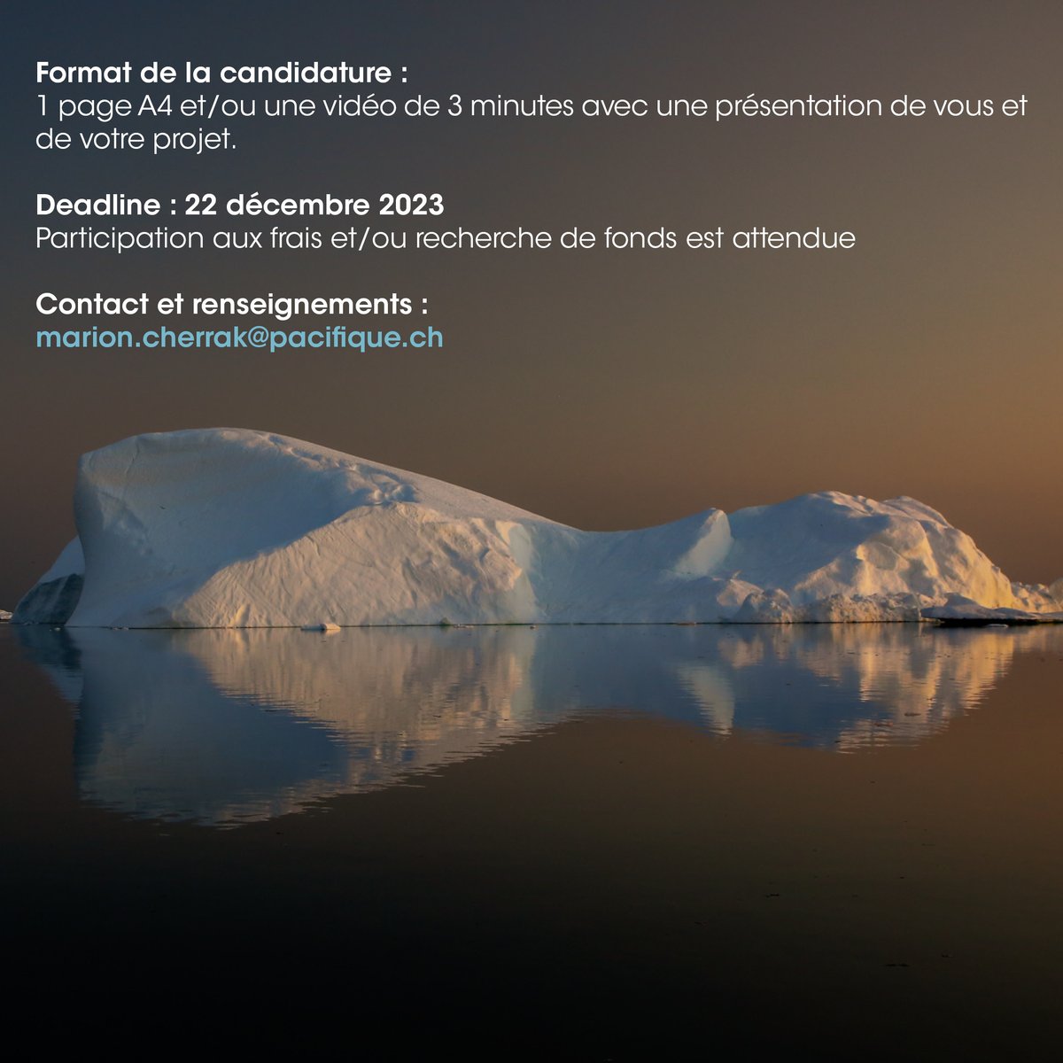 pacifique_ch's tweet photo. ⛵ Appel à projet Pacifique : Sciences &amp; Arts
https://t.co/KMXZRKJUzj
⏱️ Deadline : 22 décembre 2023
📨 Contact : Marion Cherrak - marion.cherrak@pacifique.ch

#appelaprojet #arctique #sciences #arts #projet #candidature #ete2024 https://t.co/IktGEXgiA3