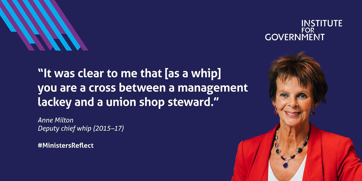 instituteforgov's tweet photo. [NEW] Former whips - @AnneMilton, Baroness Armstrong and @Patrick4Dales reveal what it was really like to work in the Whips' Office in the Blair, Cameron and May governments.

Read their full #MinistersReflect interviews https://t.co/xVDSB1YTCL https://t.co/Gz32RdJLD4