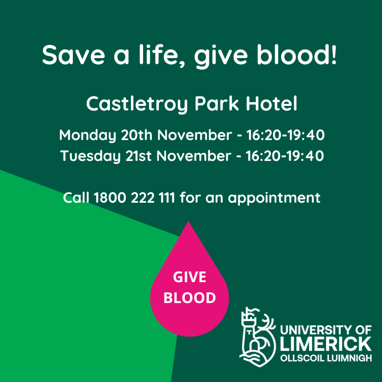 Did you know that the Irish Blood Transfusion Service currently needs 6% more blood than this time last year? They are calling for members of the UL community to help save a life by donating in Castletroy next week Book an appointment here: giveblood.ie/find-a-clinic/… #GiveBlood