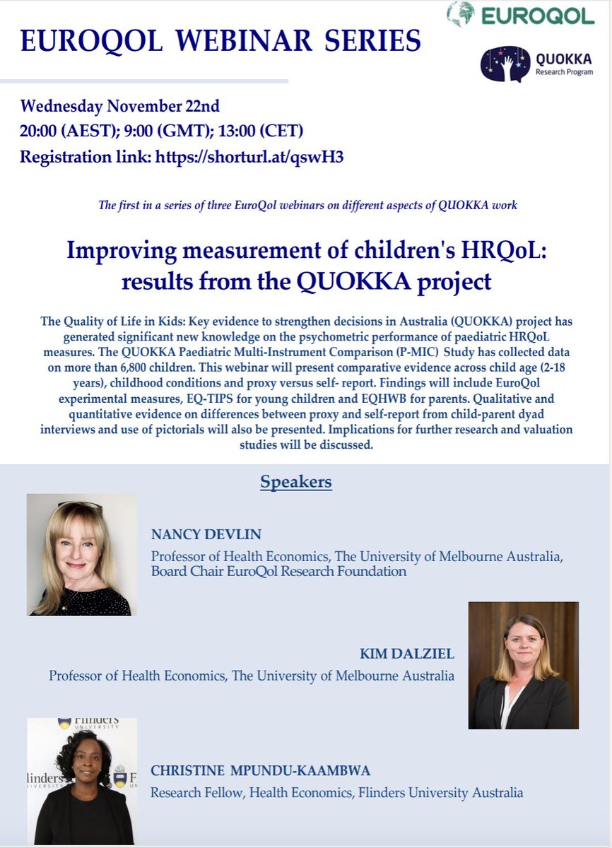 QUOKKA Research Program (@quokka_research) on Twitter photo QUOKKA will be presenting results from P-MIC & understanding proxy/self-report at this <a href="/EuroQol/">EuroQol</a> 🗓️Webinar 22nd Nov.
Details below! <a href="/nancydevlin1/">nance devlin</a> <a href="/kmdalziel/">Kim Dalziel</a> <a href="/Christinekaamb1/">Christine kaambwa</a> <a href="/brenjmulhern/">Brendan Mulhern</a> <a href="/JulieRatcliff19/">Professor Julie. Ratcliffe</a>
Registration is free 👉 shorturl.at/qswH3 QUOKKA will be presenting results from P-MIC & understanding proxy/self-report at this <a href="/EuroQol/">EuroQol</a> 🗓️Webinar 22nd Nov.
Details below! <a href="/nancydevlin1/">nance devlin</a> <a href="/kmdalziel/">Kim Dalziel</a> <a href="/Christinekaamb1/">Christine kaambwa</a> <a href="/brenjmulhern/">Brendan Mulhern</a> <a href="/JulieRatcliff19/">Professor Julie. Ratcliffe</a>
Registration is free 👉 shorturl.at/qswH3