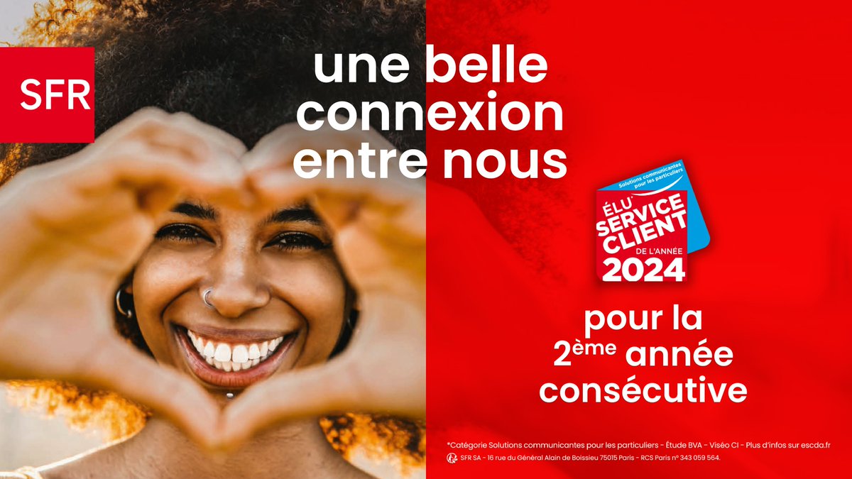 #SFR Élu Service Client de l'Année 2024 pour la 2ème année consécutive dans la catégorie Solutions communicantes pour les particuliers.
Félicitations à l’ensemble des équipes de SFR et merci à nos clients pour leur confiance.
#ESCDA2024