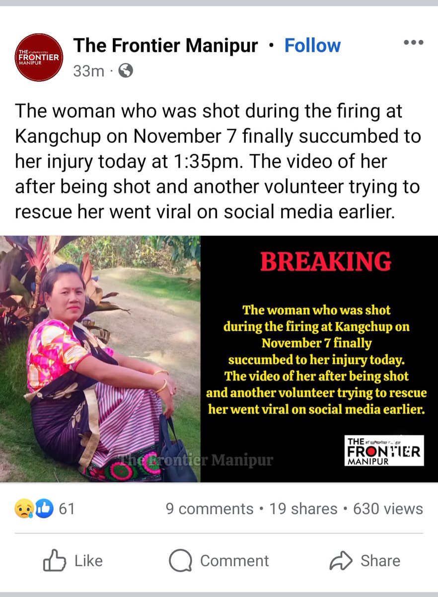 ManipurTimes's tweet photo. The woman who was shot during the firing at Kangchup on November 7 finally succumbed to her injury today at 1:35pm. The video of her after being shot and another volunteer trying to rescue her went viral on social media earlier.

#ManipurViolence
#ManipurFightsBack from #KukiAtrocities #KukiChinZoSeparatists #KukiTerrorists
Courtesy @FrontierManipur