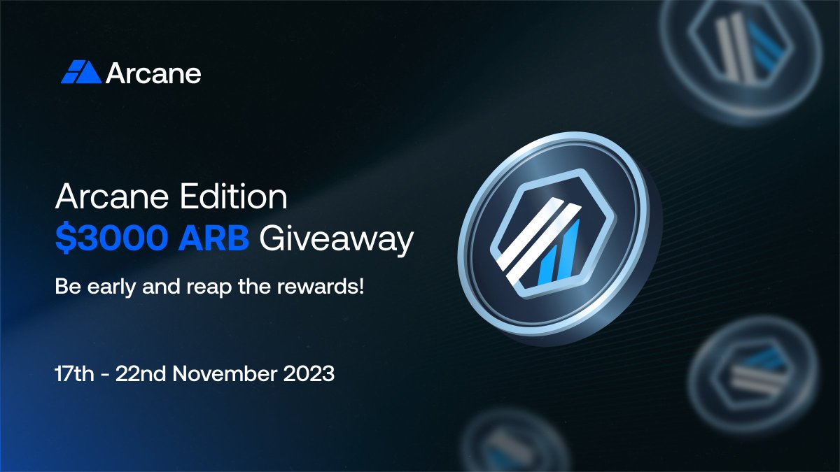 Bonus Arcane Giveaway 🧙‍♂️
 
$3000 #ARB for 30 winners! 🪄

Requirements:
✅ Follow <a href="/Arcane_DEX/">Arcane DEX</a>
✅ Like &amp; RT
✅ Tag 3 friends

Huge airdrop coming?! 📦

⏰ 17th - 22nd, November

#Giveaway #Airdrop #ETH #ARB