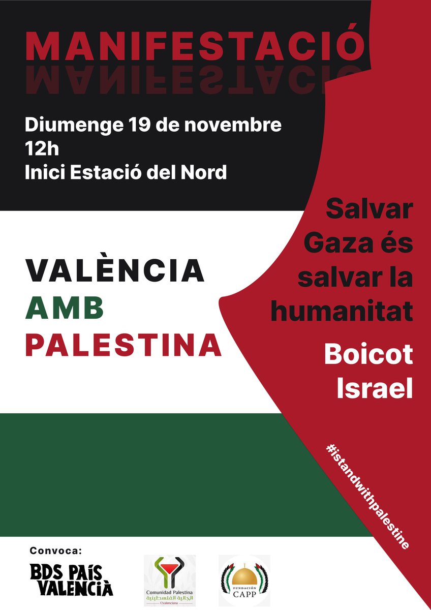 ❗️🇵🇸 Important ❗️🇵🇸 Convoquem una nova manifestació unitària:

València amb Palestina, salvar Gaza és salvar la humanitat, boicot Israel.

📌 Diumenge 19 novembre, 12h, inici Estació del Nord, València.