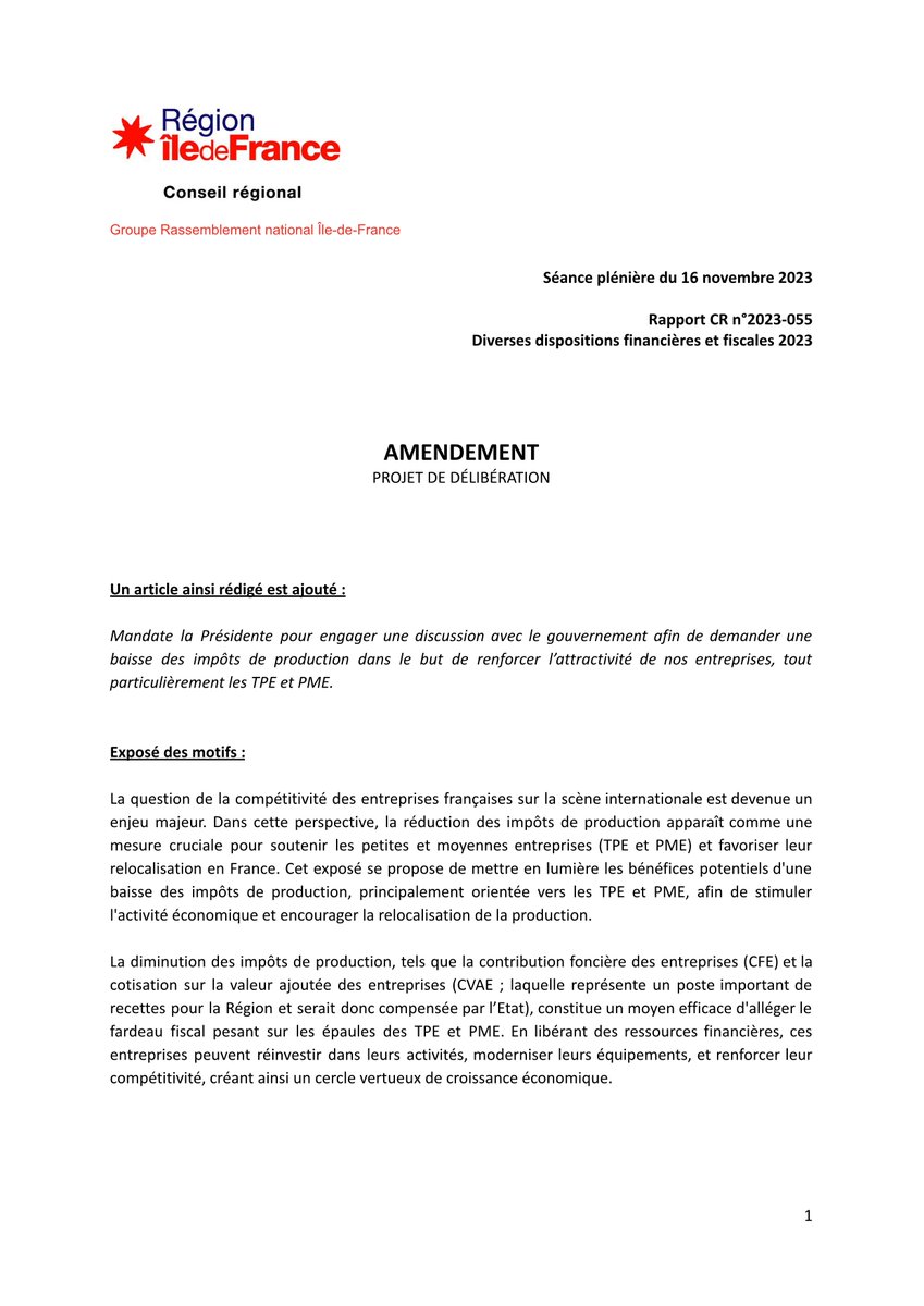 RNational_IDF's tweet photo. ✍Le #RNIDF mandate @vpecresse pour engager une discussion avec le gouvernement afin de demander une baisse des impôts de production dans le but de renforcer l’attractivité de nos entreprises, tout particulièrement les TPE et PME.
❌@vpecresse refuse #DirectIDF https://t.co/5dAbY9Nisb