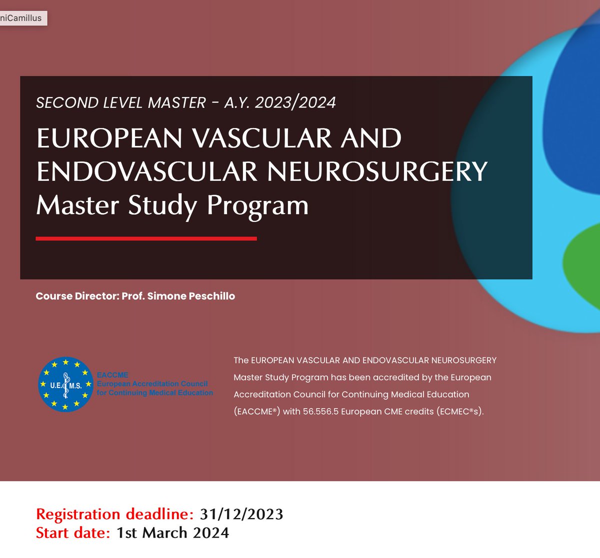 The dates for the II Edition of the EANS BOOTCAMP 2024 are now online. This year too we have a stellar faculty. eans.org/page/Vascular-… Alongside the EUROPEAN Master Study Program, now accredited as a UEMS-EACCME course (unicamillus.org/master-and-cou…), the training offer is complete.