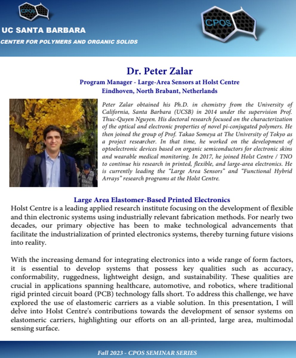 Peter Zalar (@peter_zalar) on Twitter photo On Wednesday, November 22nd, I'll be giving a presentation about our research at <a href="/HolstCentre/">Holst Centre</a> at my alma mater, UC Santa Barbara (<a href="/ucsantabarbara/">UC Santa Barbara</a>). On Wednesday, November 22nd, I'll be giving a presentation about our research at <a href="/HolstCentre/">Holst Centre</a> at my alma mater, UC Santa Barbara (<a href="/ucsantabarbara/">UC Santa Barbara</a>).