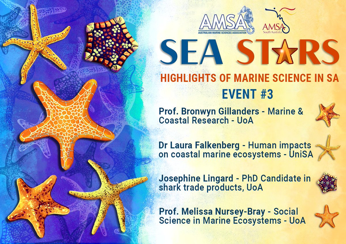MarineScienceSA's tweet image. Only two weeks until AMSA-SA's final 'Sea Stars' event for 2023!🌊🌟

Our exciting speakers have been finalised. Come and listen to South Australia's 'Sea Stars' as they captivate you with the newest marine research!  

Tickets are selling fast:  eventbrite.com.au/e/sea-stars-hi…