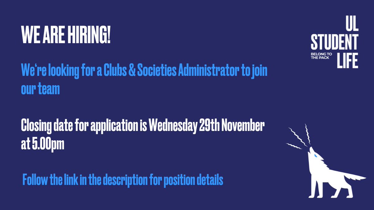 We're looking for a Clubs & Societies Administrator to join our team! Think you'd be a good fit? Follow the link below for the position details: ulstudentlife.ie/news/article/u… #ulstudentlife #ulwolves #uljobs #limerickjobs