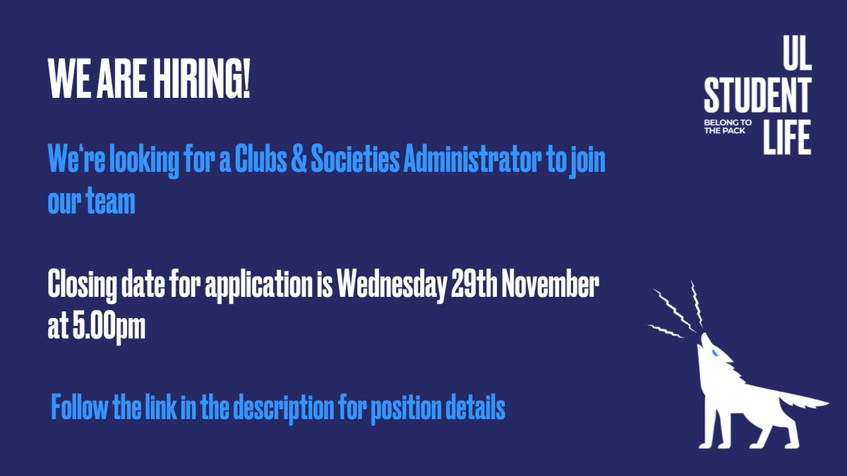 We're looking for a Clubs &amp; Societies Administrator to join our team!

Think you'd be a good fit? Follow the link below for the position details:
ulstudentlife.ie/news/article/u…

#ulstudentlife #ulwolves #uljobs #limerickjobs