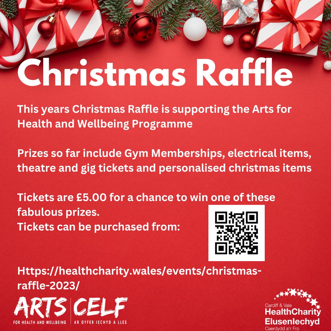 This year’s Christmas Raffle is raising funds for the Arts for Health and Wellbeing Programme with prizes kindly donated by local businesses❤ Buy your ticket here: healthcharity.wales/events/christm…