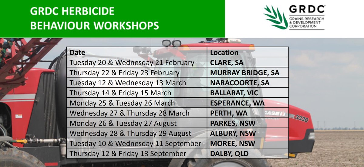 congreve_mark's tweet photo. Agronomists &amp; advisers.
After a complete sell out in 2023, we are back with 2024 dates for the popular GRDC supported Herbicide Behaviour workshops.
Dates and locations below. Workshop positions are limited. First in gets a seat. 
Registrations now open at https://t.co/5M73koYDQW https://t.co/Lh2tWurFxR