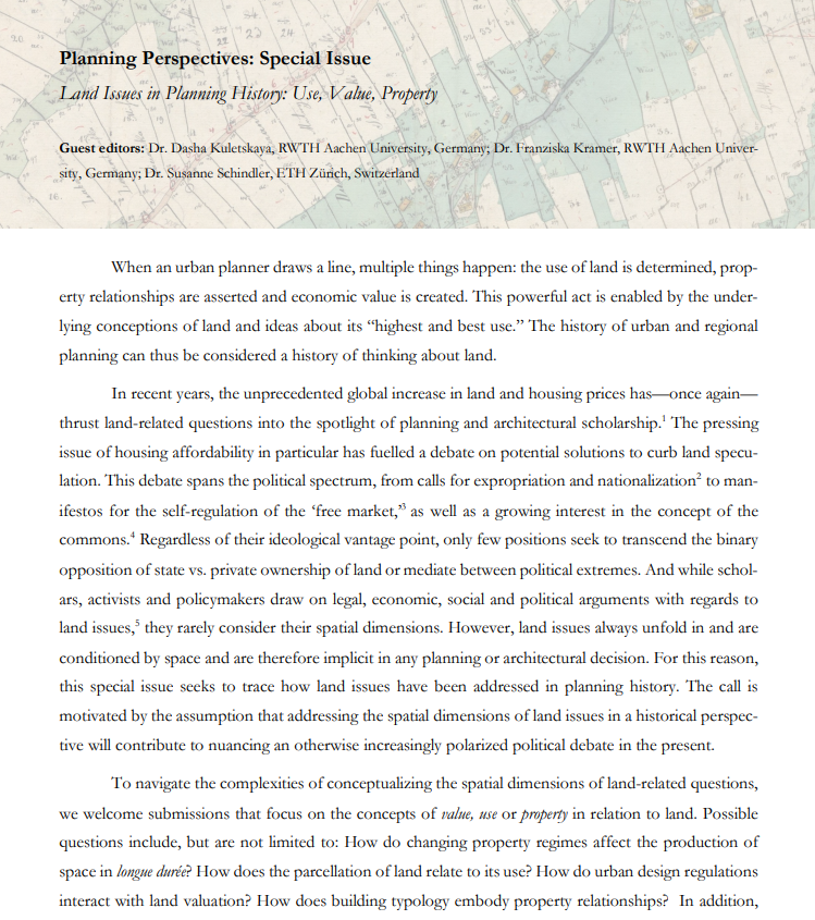 PlanningPersp's tweet photo. #CfP for #SpecialIssue: #Land Issues in #PlanningHistory: #Use, #Value, #Property, guest edited by Dr Dasha Kuletskaya, Dr Franziska Kramer, and Dr Susanne Schindler, now open for extended #abstract (max. 1500wd) #submission until 15th Jan 2024.
@tandfhss https://t.co/VRVPkcvSSd
