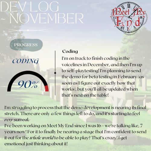 November's dev log! Some VERY scary developments this month! We're nearing the final stretch 🥹

#MeetMyEnd #otometwt #otome