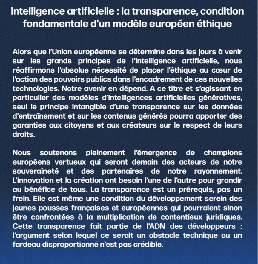 sacem's tweet photo. La @Sacem, aux côtés de 80 signataires, rappelle la nécessité de placer l'éthique au cœur de l'action des pouvoirs publics pour encadrer l'IA. #TransparenceIA

🔗 https://t.co/7JXLbj27T8

@Elisabeth_Borne
@EmmanuelMacron
@jnbarrot
@BrunoLeMaire
@RimaAbdulMalak
@ThierryBreton https://t.co/Q9GfsGByfr