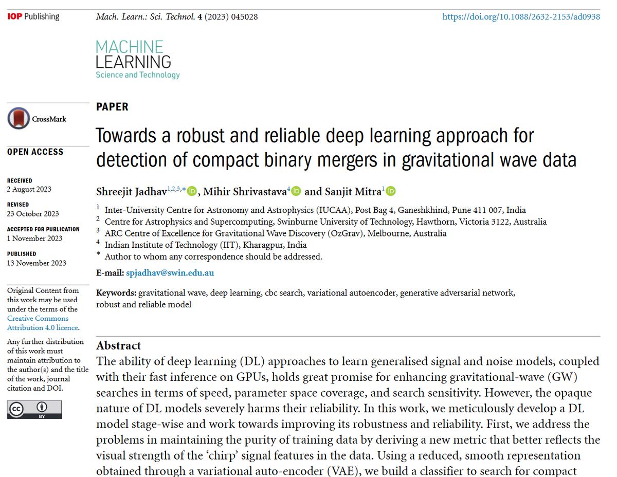 MLSTjournal's tweet photo. Great new work by @ShreejitJadhav Mihir Shrivastava and Sanjit Mitra @IUCAAstro @Swinburne @ARC_OzGRav @IITKgp - 'Towards a robust and reliable #deeplearning approach for .... binary mergers in #gravitationalwave data' - https://t.co/2CCKaksr9x #machinelearning #astrophysics #HPC https://t.co/x3vSdeu8Ni
