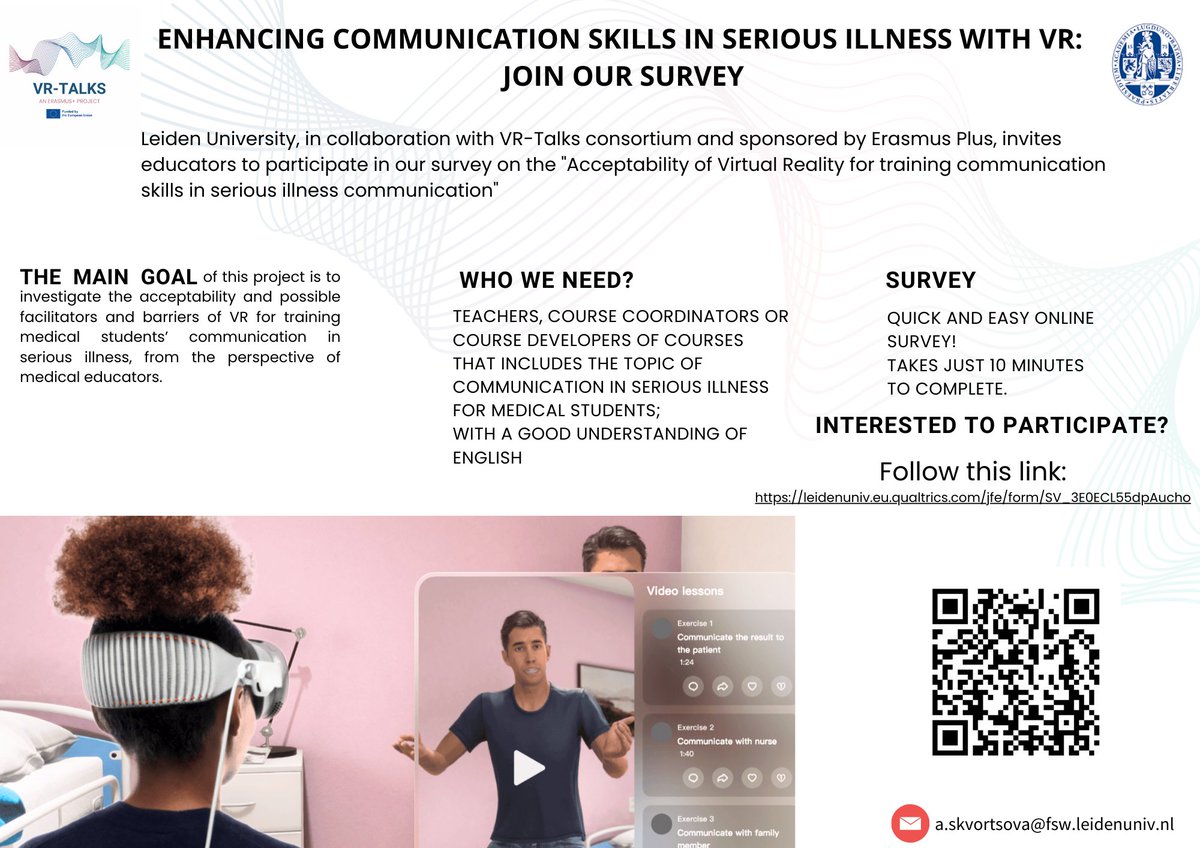 !! #Medical #educators in #seriousillness #communication wanted!!

As part of our EU VR-Talks Consortium, please complete our 10-15 min survey on your perspective about using #virtualreality to teach serious illness communication in medical education.

leidenuniv.eu.qualtrics.com/jfe/form/SV_3E…