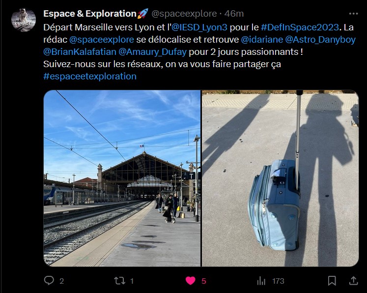 IESD_Lyon3's tweet photo. Le #DefInSpace2023 est aujourd'hui!
Un véritable 𝑐𝑟𝑒𝑤 est en effet en route pour nos équipes:
- @Astro_Danyboy (Space Kiwi)
- @CrazySpaceMouse (@spaceexplore)
- @idariane (@RevesdEspace)
- Jaouahir Martinucci
Un grand merci à eux et à l'@UJML de prendre part à cet évenement! https://t.co/GqAgdGQ5it
