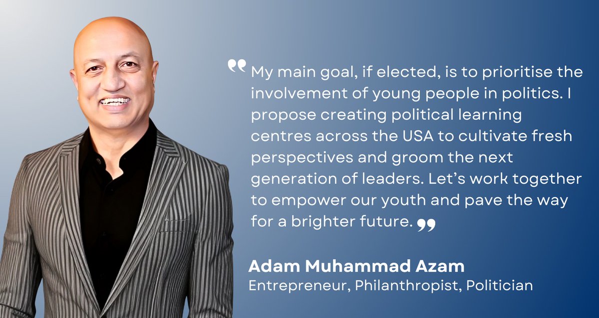Adamazamkhan's tweet photo. "Excited to announce my candidacy for New York State Senator in 2024, aiming to be the first Muslim Senator. With a background in philanthropy, I'm committed to representing my community. Join me in bringing young voices into politics! 🗳️🤝
 #StateSenator2024 #AdamAzamForNY" https://t.co/mj6B7WbOXY