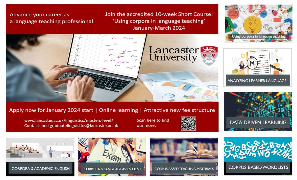 Would you like to incorporate #corpora and data-driven learning into your teaching? Lancaster University @LAEL_LU offers a part-time online accredited course on 'Using corpora in language teaching' - so you can study while you work anywhere in the world. Starting January 2024.