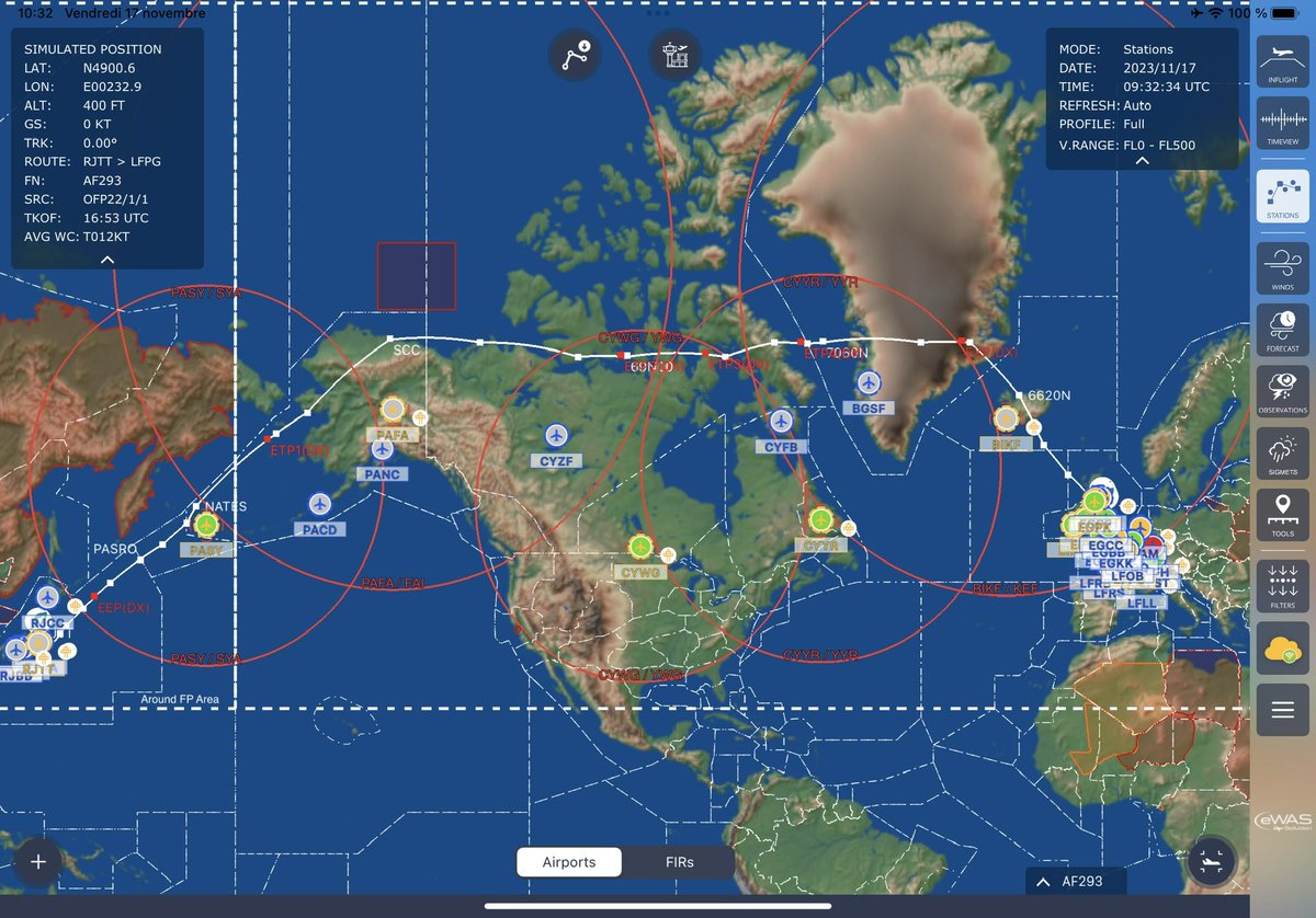 zepyaf's tweet photo. Au revoir Tokyo, retour sur #AF293 pour compléter ce tour du monde… 

Notre vol longeait le Kamtchatka, survolait l’Alaska puis le nord canadien et le Groenland, avec 2 levers de soleil (un à droite et l’autre à gauche…) 😵‍💫🤯
Même la carte du wifi à bord est un peu perdue… https://t.co/z5nwrJLjor