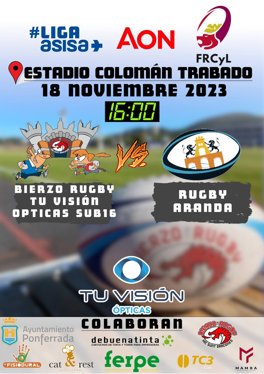 RugbyBierzo's tweet photo. El sábado después de la concentración de canteras de la @FRCyL tendremos un nuevo partido de nuestro equipo Sub16 contra @rugby_aranda en el Colomán Trabado.
📅 Sábado 18 de noviembre
🕓 16:00
🏟️ Estadio Colomán Trabado
#LigaASISA https://t.co/eucYdSKEjI
