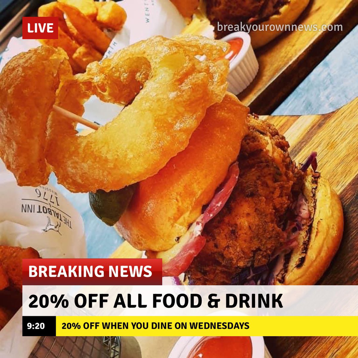 We’ve got more great news to report… 🤩

Not only does our 𝗞𝗜𝗧𝗖𝗛𝗘𝗡 𝗥𝗘𝗢𝗣𝗘𝗡 next Wednesday, every 𝗪𝗘𝗗𝗡𝗘𝗦𝗗𝗔𝗬 it’s 𝟮𝟬% 𝗢𝗙𝗙 𝗔𝗟𝗟 𝗙𝗢𝗢𝗗 &amp; 𝗗𝗥𝗜𝗡𝗞 when you dine with us 🍔🍕😃

Our new menu is in the comments… 👍