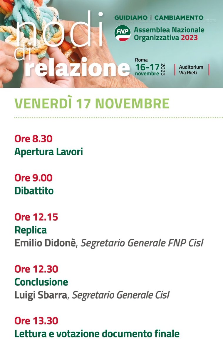 ASSEMBLEA NAZIONALE ORGANIZZATIVA #FNPCISL
#Nodidirelazione

➡️ Segui la diretta 
pensionati.cisl.it

#politichesociali #pensionati