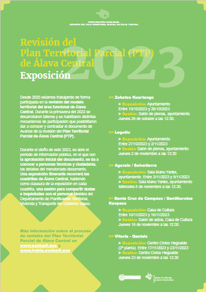 ¡Fin de ruta! Después de estar en Valles, Gorbeialdea, Llanada y Montaña, vamos a exponer en Gasteiz hasta el 23 el #ptp_alavacentral aprobado inicialmente.
El 23 a las 12:30 explicaremos el documento para toda la ciudadanía(centro cívico Hegoalde)

Haznos un hueco en tu agenda!