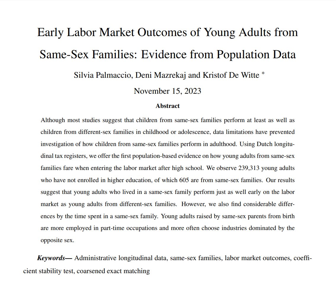 Early Labor Market Outcomes of Young Adults from Same-Sex Families: Evidence from Population Data

Palmaccio, Mazrekaj, &amp; De Witte use 🇳🇱longitudinal tax data to offer evidence on how young adults from same-sex families fare when entering the labor market.
feb.kuleuven.be/dps