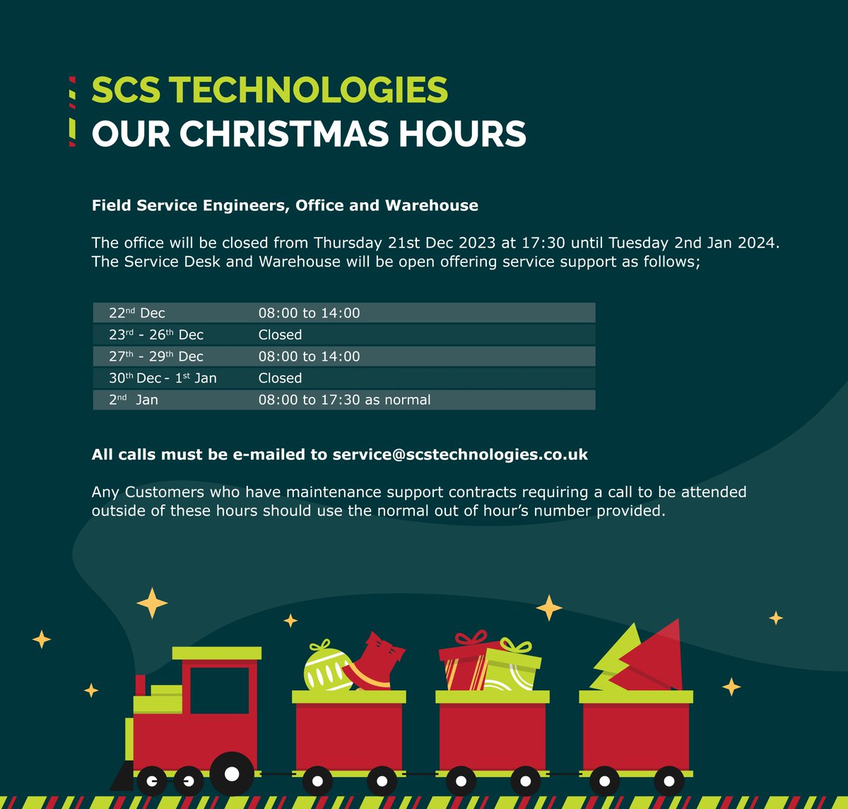 SCSTechLtd's tweet photo. Christmas Opening Hours!🎅 Hello everyone, here are our opening hours for the festive period. https://t.co/AcYfC2W8n1