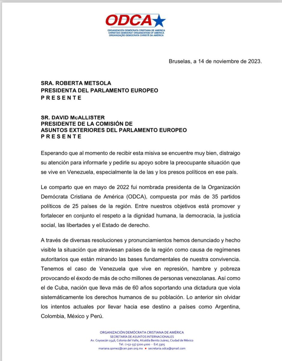 ODCA's tweet photo. Expreso mi profunda preocupación desde el PARLAMENTO EUROPEO (@Europarl_EN) por los presos políticos en regímenes autoritarios. 

Gabriel Blanco, sindicalista y defensor de Derechos Humanos en Venezuela 🇻🇪 está injustamente encarcelado. 

Solicito pronunciarse por su liberación y la de otros presos políticos en la región.

¡Saludos desde Bruselas! 

#ApadrinaAUnPresoPolíticoDelMundo 
#ReleaseChains