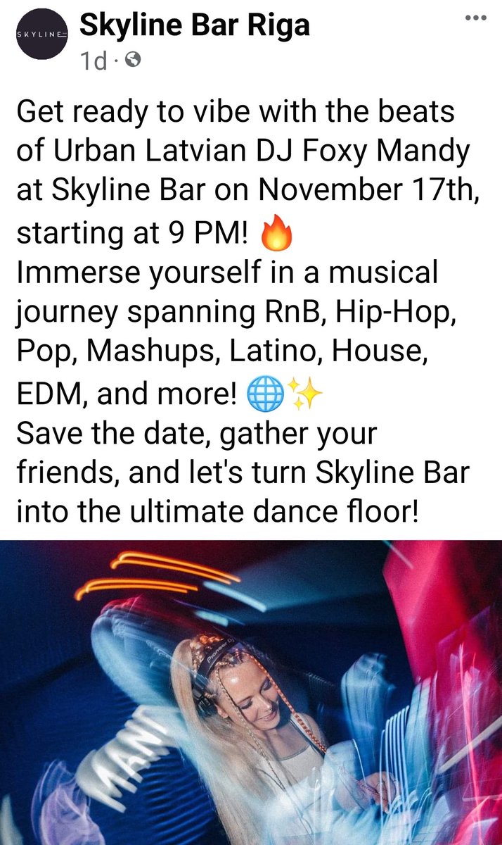 FoxyMandyMe's tweet photo. See you tonight at the Skyline Bar Riga from 9PM-1AM 🌇✨️ #dj #foxymandy #Rīga https://t.co/mZySYcnM7G
