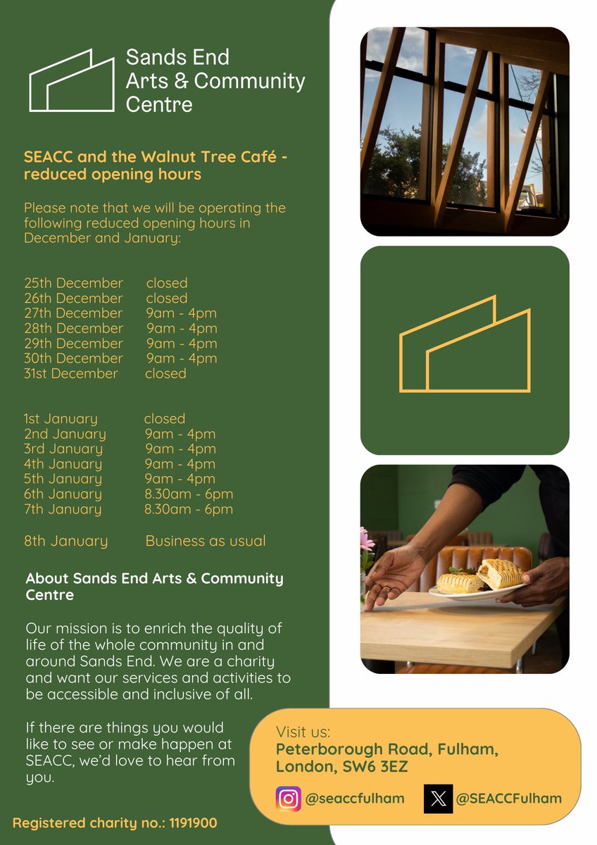 #Christmas is coming to Sands End Arts &amp; Community Centre. We have lots of #seasonal events lined up for all the #family; #crafts, #music, #santa and a #community meal. There will be some revised #seaccfulham opening times too. #communitycentre #artscentre #charity #fulham