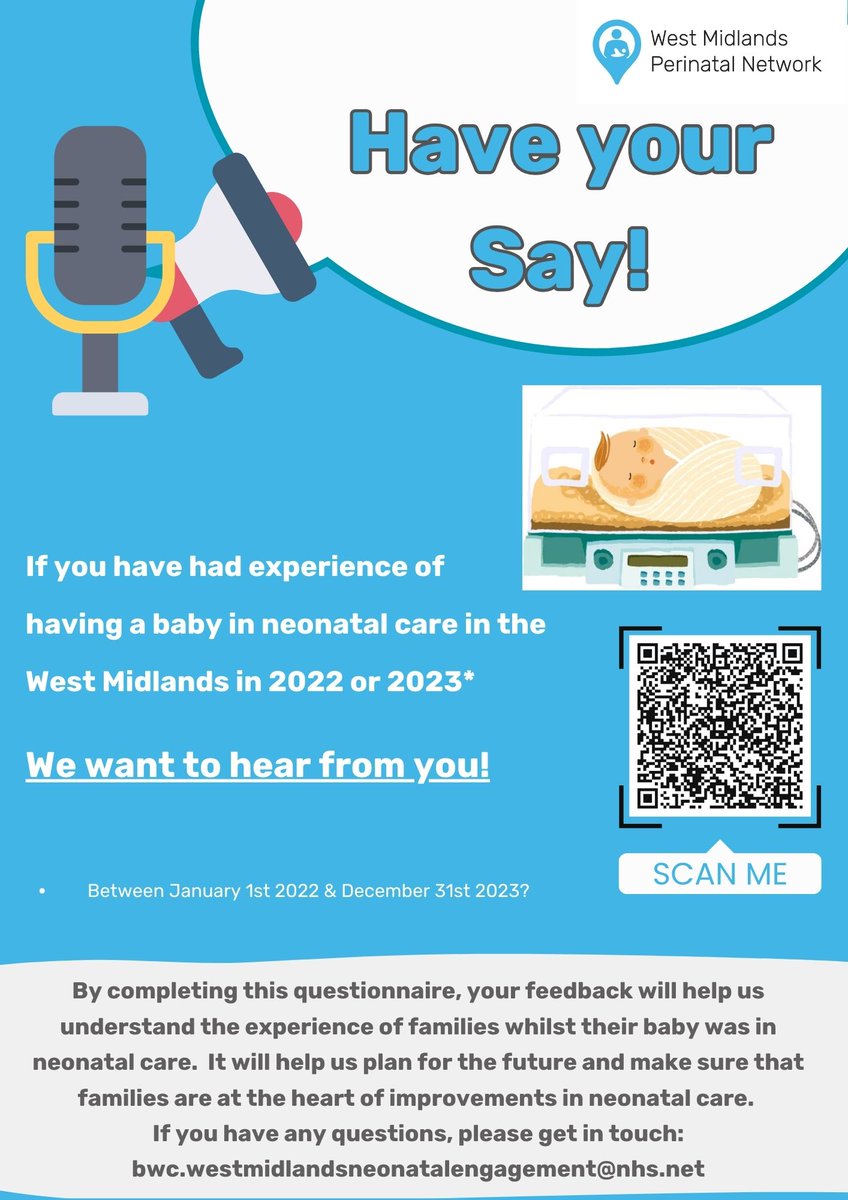 If you have had experience of having a baby in neonatal care in the West Midlands in 2022 or 2023, we want to hear from you. Please share your feedback by completing this questionnaire to help us plan for the future and make sure that families are at the heart of improvements.