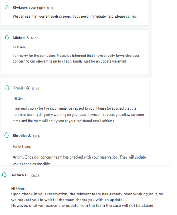 BlakFalcon22's tweet photo. @AmyJameson3 @kiwicom247 #digitalnomad @kiwicom247 . Everyone polite etc,
But each msg has a new person who pastes the same response. they are trained to answer quick and throw the hot potato to someone else.
one query about 30 people , broken processes https://t.co/qNuLCpn0br
