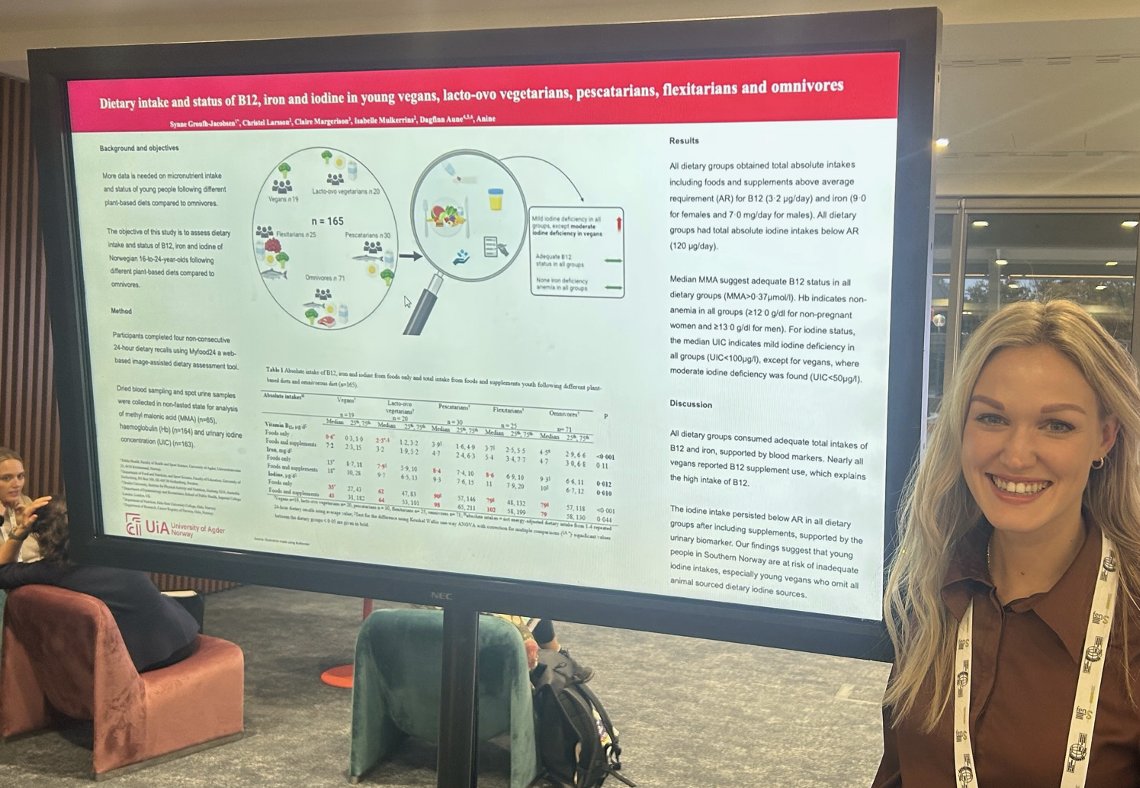 One of our PhD students @groufh, presented her poster abstract «Dietary intake and status of B12, iron, Iodine in young vegans, lacto-ovo vegetarians, pescatarians, flexitarians and omnivores» at #FENS 2023, Belgrade Serbia. Great job Synne!