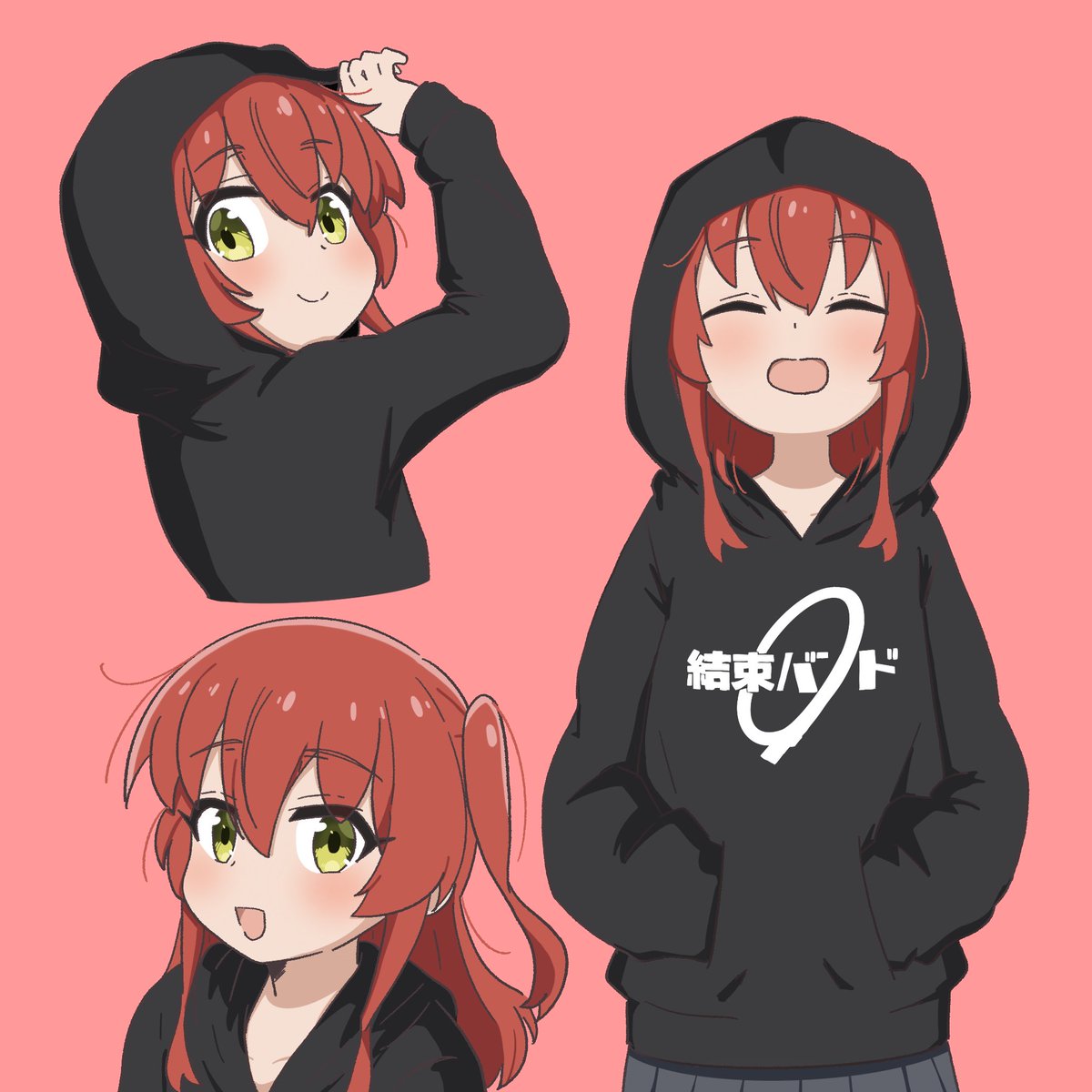 kita ikuyo 1girl hood black hoodie smile multiple views skirt red hair  illustration images