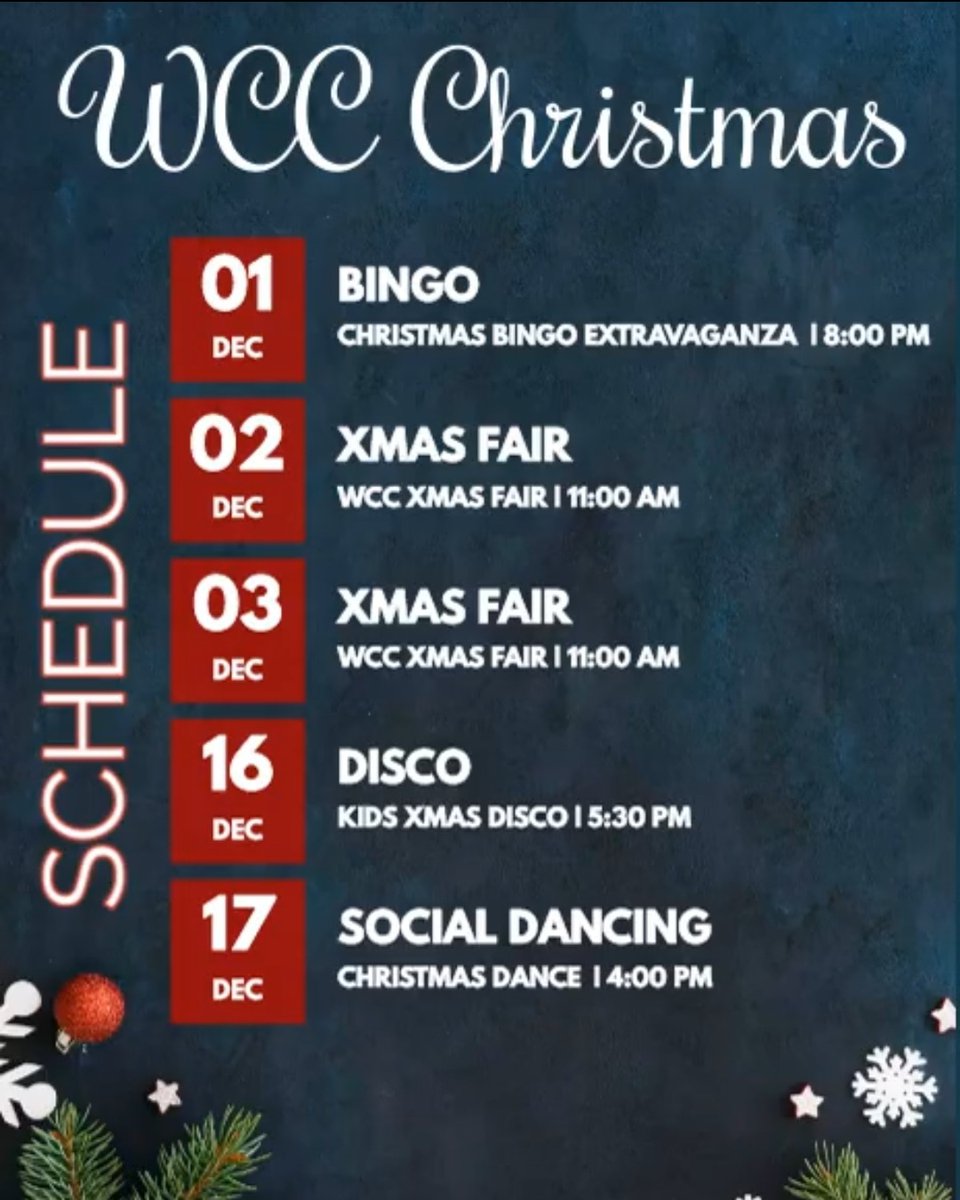 Our Christmas line up, save the dates! Everyone welcome come and join us with some festive fun 😀