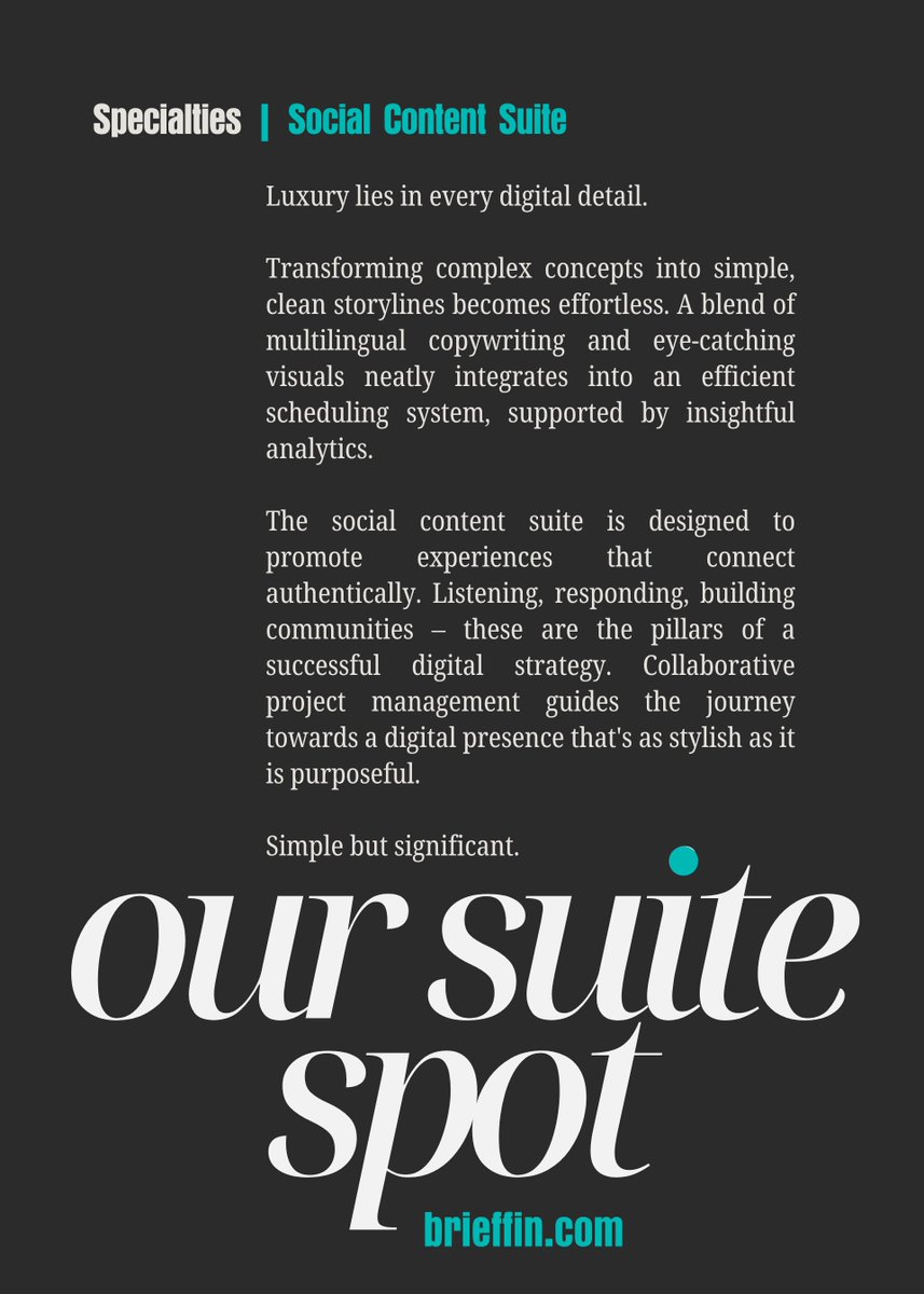 Our Suite Spot: Combining the Best of Our Suites, Logistically Limitless.

Marketing magic, digital flexibility, and expert teams – all in one place.

Social Content Suite. brieffin.com/our-specialties

#oursuitespot #holisticmarketing #fractionalcmo #b2bmarketing #digitaltrends