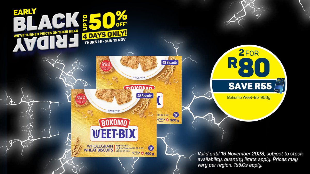 picknpayasap's tweet photo. Stock up on savings! 💰 Get 2 x Bokomo Weet-Bix 900g for only R80! 🤩

Shop NOW! 📲

*Deals valid until 19 November 2023. Ts&amp;Cs apply. 

#EarlyBF #BFDeals #Savings https://t.co/hI13Gva62a