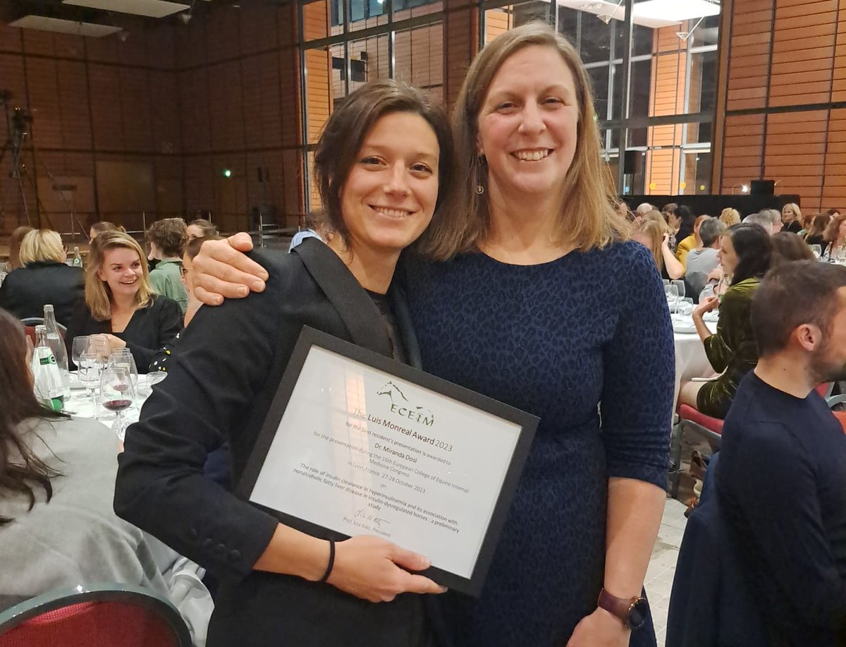 #GoodNewsFriday

Miranda Dosi, our senior equine medicine resident, has received the Luis Monreal Award at the European Congress for Equine Internal Medicine (ECEIM) this year for her presentation of her research into equine metabolic syndrome (EMS).

Congratulations Miranda!