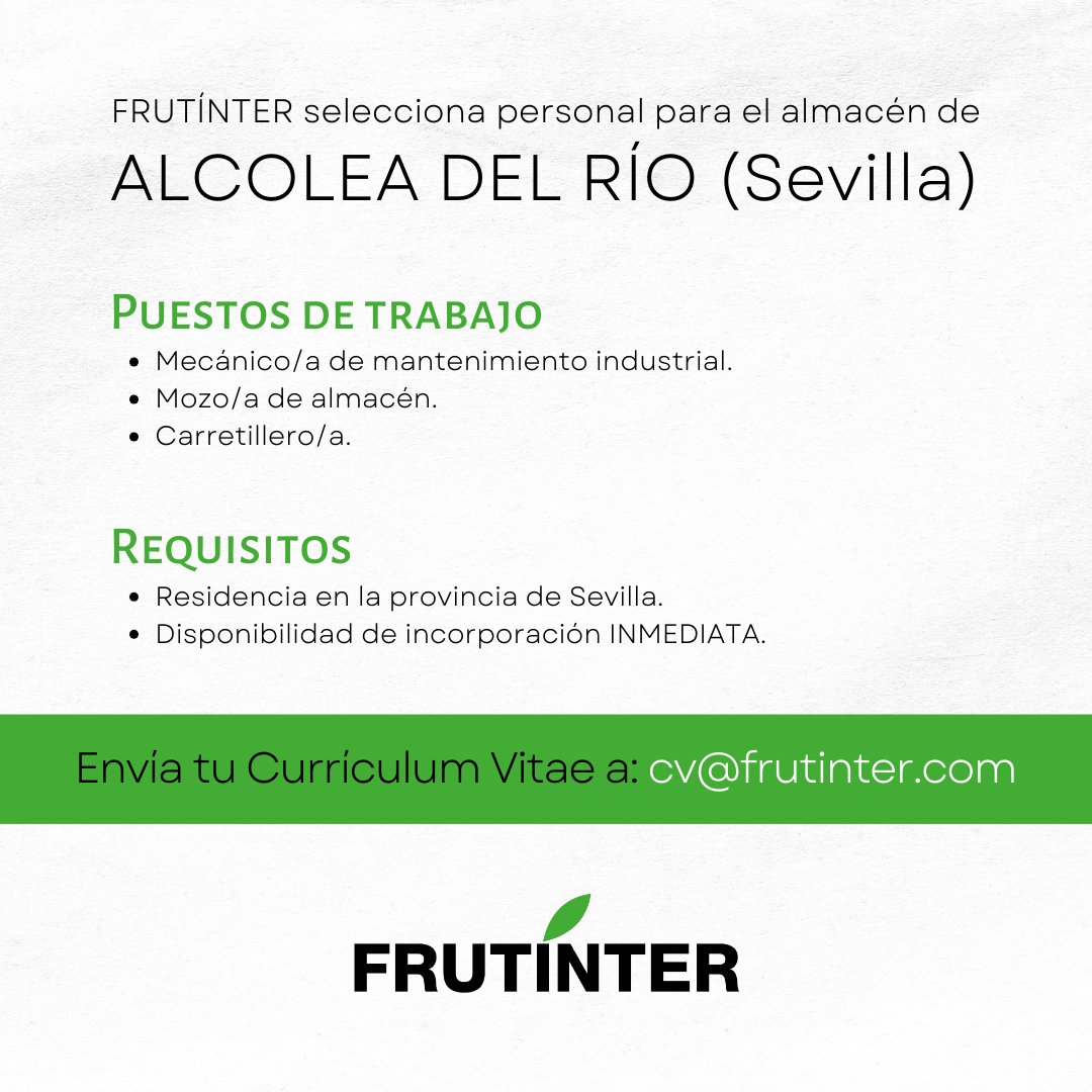 frutinter's tweet photo. ¡OFERTAS DE EMPLEO! 🥳
Necesitamos personal para el almacén de Alcolea del Río (Sevilla) 🍊
📌 Envía tu Currículum Vitae a: cv@frutinter.com
#frutinter #oferta #empleo #trabajo #plantilla #busqueda #curriculum #personal #campaña #almacen #planta #sevilla #citricos https://t.co/dUJBLVTes2